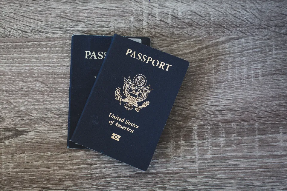 Dois passaportes azuis sobre uma mesa de madeira